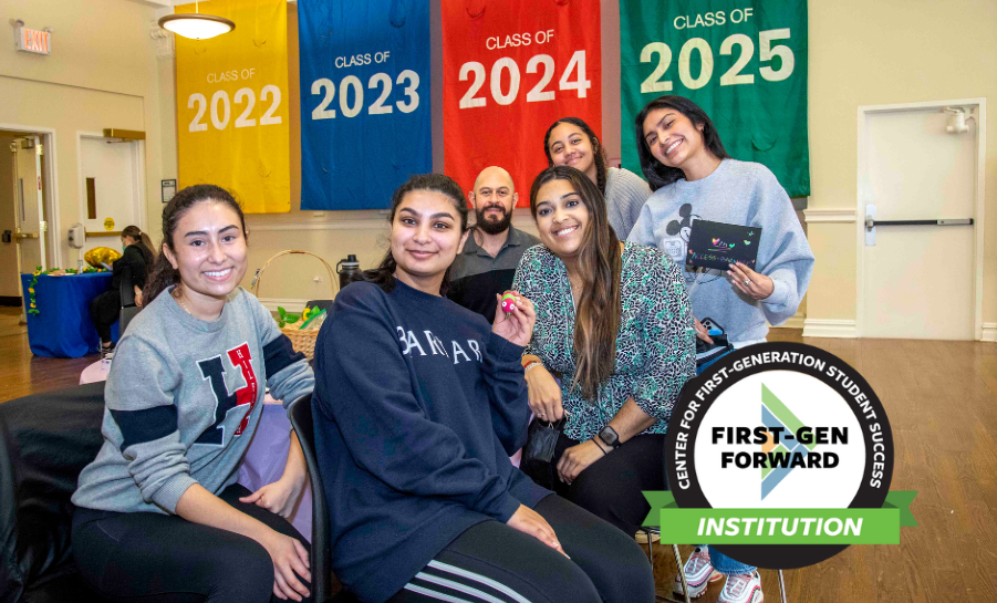 Group of students in front of year banners