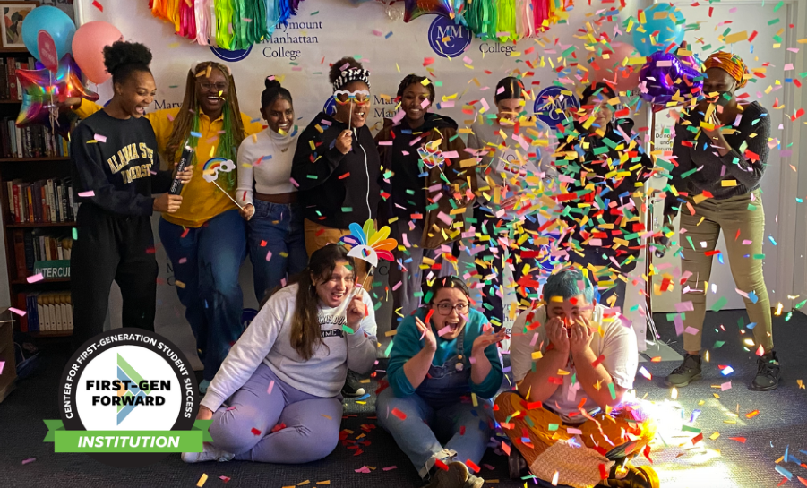 Group of students celebrating with balloons and confetti