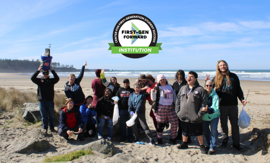 Group of Southern Oregon University students volunteering on a beach