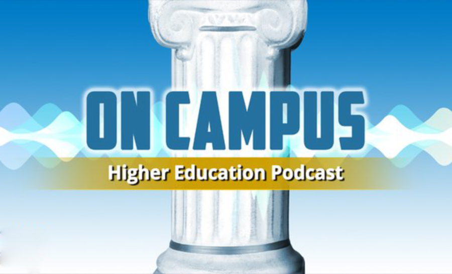Marble pillar on blue background fading into white; sound waves behind blue text reading 
