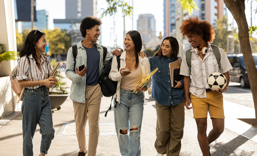 Diverse student group walking together