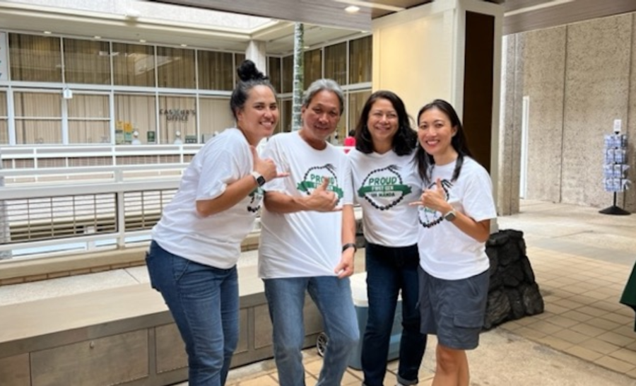 UH Manoa First-Gen Forward committee members throwing shaka in campus building