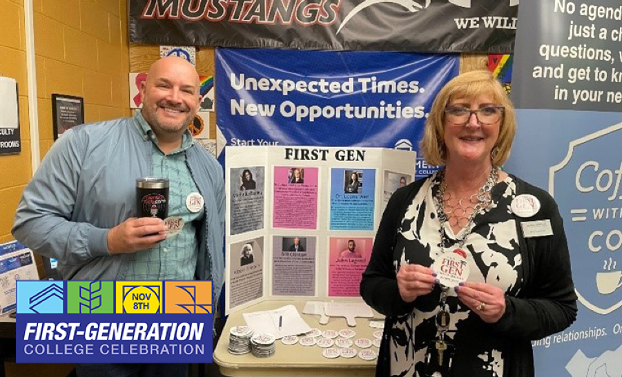 Two staff members posing in front of step and repeat for First-Generation College Celebration