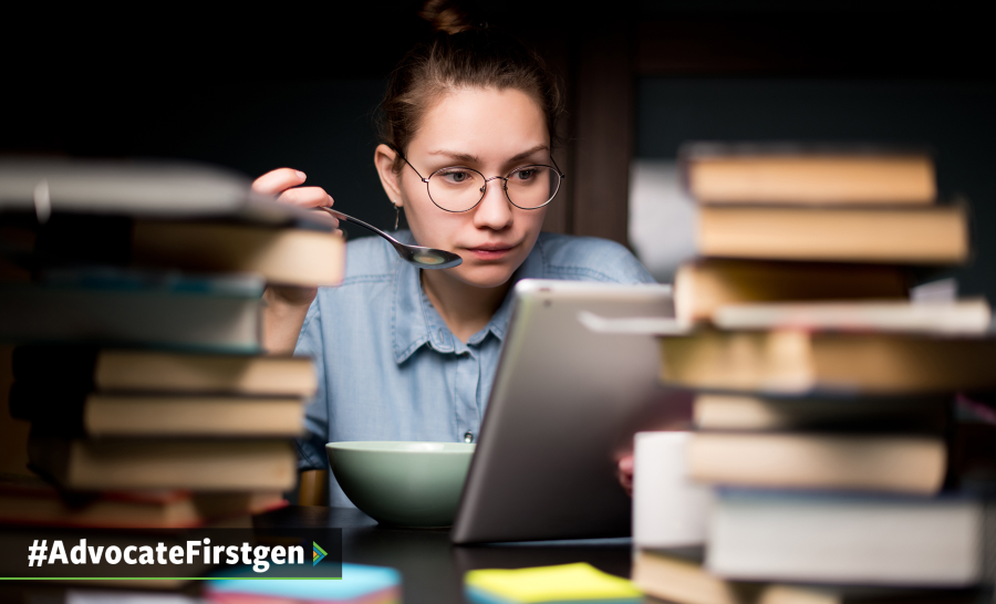 Female student eating while studying