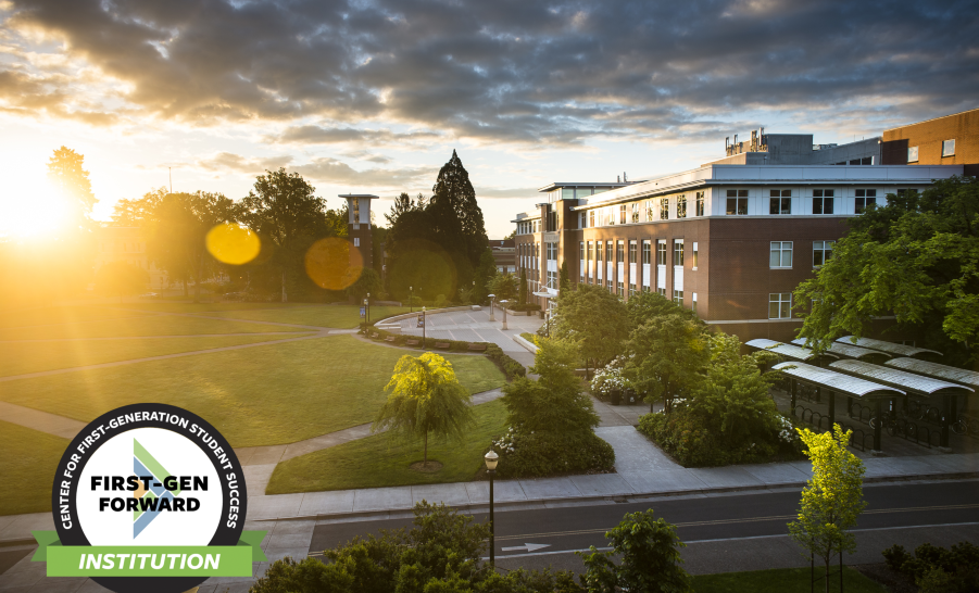 Oregon State campus at sunset with overcast sky