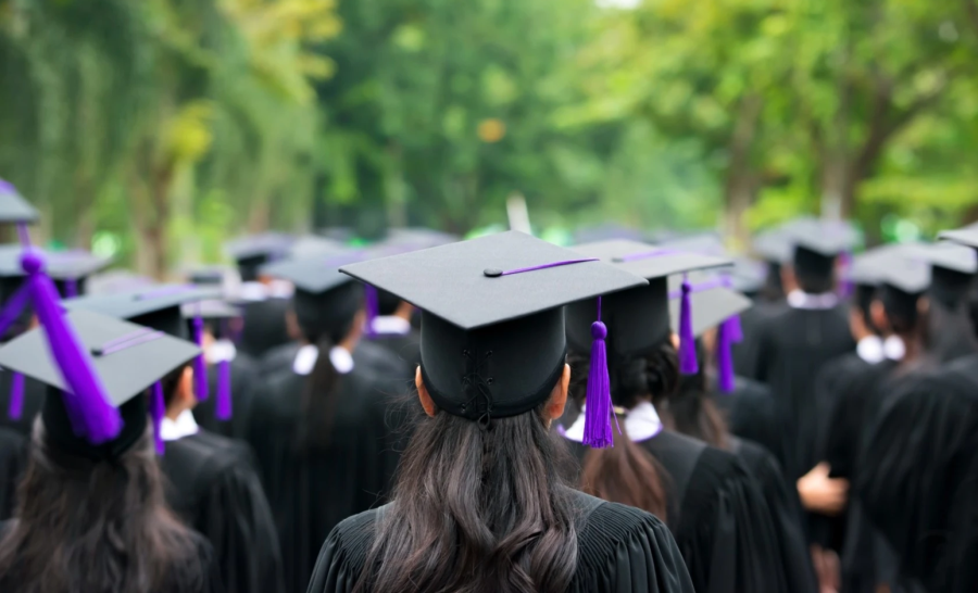 Rear view of graduates in cap with purple tassel and gown at outside commencement ceremony