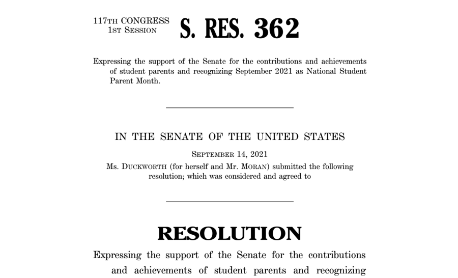 Front page of S.Res. 362: designating Sept 2021 as Student Parent Month