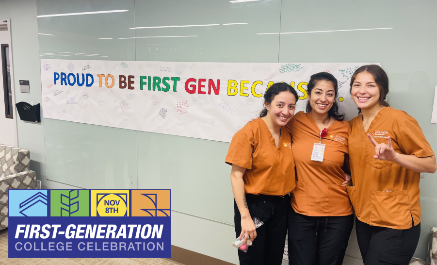 Three nursing students in orange scrubs posing in front of 