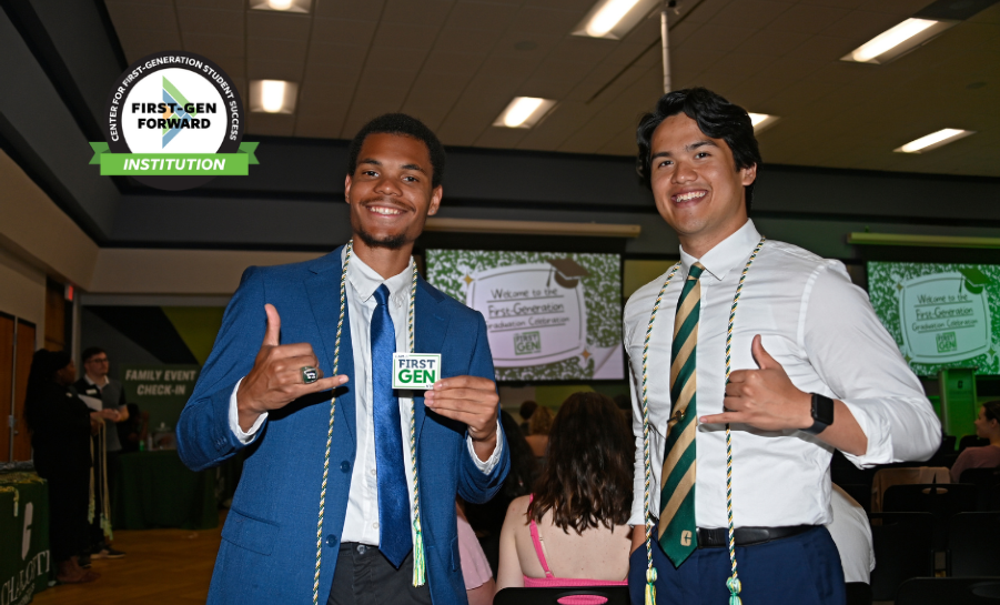 Two first-gen graduates posing at University of North Carolina at Charlotte