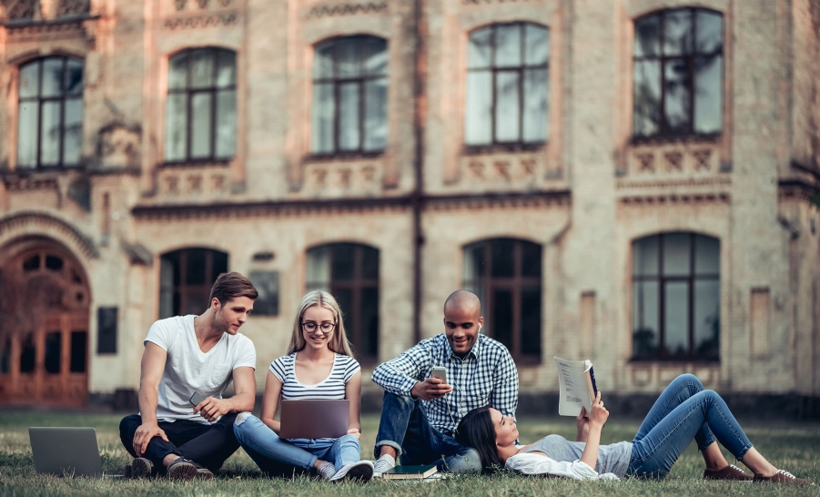 diverse group sitting on grass